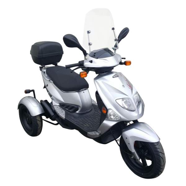 PGO TR3 Trike Dreiradroller Motorroller 45 km/h silber Gebraucht Mokick Seniorenroller inkl. Windschild, Stockhalter, Gepäckträger mit Topcase