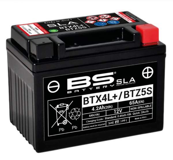 Batterie BTX4L+/BTZ5S 12V 4,2Ah SLA DIN 50314 AGM Akku 50ccm 4Takt Motorroller.de 113x85x70mm Versiegelt (FA) Starterbatterie Akkumulator Starter-Batt